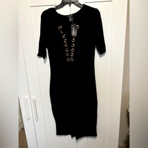 NWT  Candalite Black Jersey Knit Mesh Plunging Neckline Bodycon Dress in L